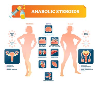 Anabolic steroids vector illustration. Labeled diagram with health symptoms clipart