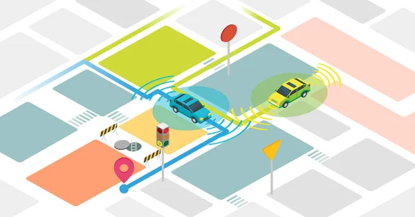 Illustration vectorielle de voitures autonomes. Exemple avec les véhicules autonomes . — Image vectorielle