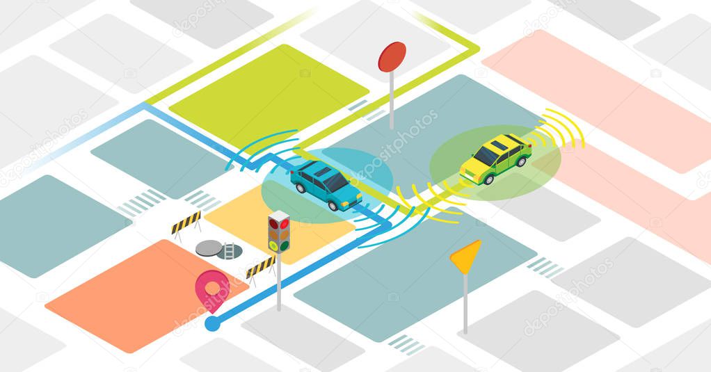 Self driving cars vector illustration. Example with self driving vehicles.