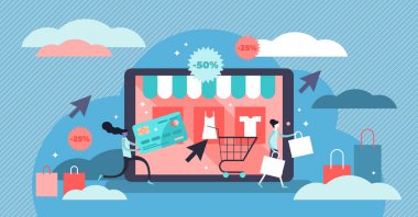 Online Alışveriş vektör çizim. Düz küçük kişi e-ticaret dijital Mağazası konsept