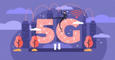 5g vektör çizim. Hızlı hücresel sinyal konsepti ile düz küçük kişi.