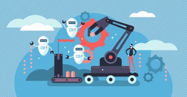 Robotik vektör çizim. Düz küçük kişi kavramı ile gelecekteki iş otomasyona