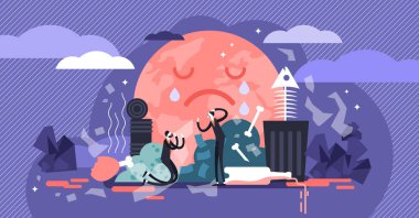 Atık vektör çizim. Düz küçük kişi kavramı ve dünya çöp sorunu