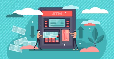 ATM Para Çekme vektör çizim. Düz küçük kişi para para çekme kavramı.