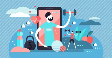 Fitness app vektör çizim. Düz küçük sanal spor kişi kavramı.