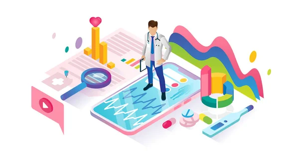 Healthcare app isometric cyberspace and tiny persons concept illustration. — Stock Vector