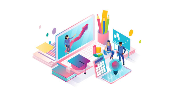 Изометрическое киберпространство онлайн курсов и иллюстрация концепции крошечных личностей
.