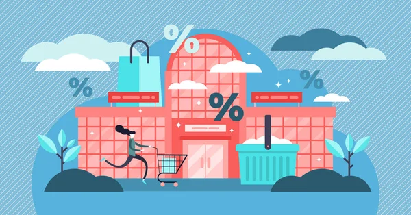 Ilustración del vector del centro comercial. Piso diminutas personas descuento comprar concepto . — Vector de stock