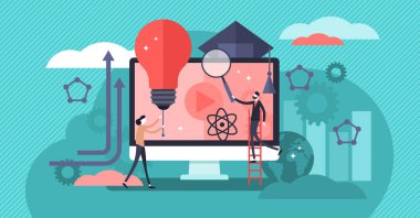 Edtech vektör çizim. Düz küçük eğitim öğrenme kişi kavramı.