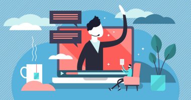 Webinar vektör çizim. Düz küçük pazarlama video aracı kişi kavramı