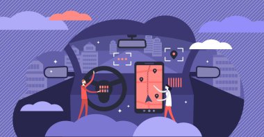 Otomobil platformu vektör çizim çapraz. Düz küçük cihazlar kişi kavramı.