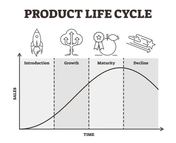 Життєвий цикл продукту Векторні ілюстрації. Викладена стратегія розвитку товарів — стоковий вектор