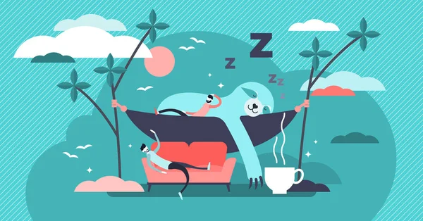 Laziness vector illustration. Flat tiny sleepy animals and persons concept. — Stock Vector