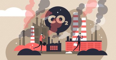 CO2 emisyonu illüstrasyon vektör. Düz küçük hava kirliliği kişi kavramı.
