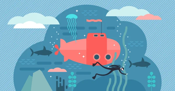 Ilustração vetorial oceanografia. Plano minúsculo água vida estudo pessoa conceito — Vetor de Stock