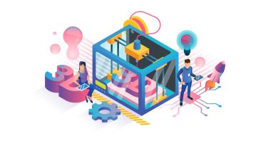 3d baskı vektör illüstrasyon. Isometrik plastik ürün Diy teknoloji konsepti