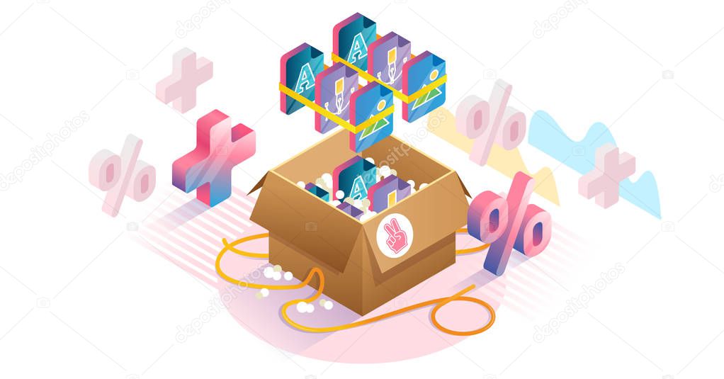 Bundles isometric concept vector illustration. Product collection pack set.