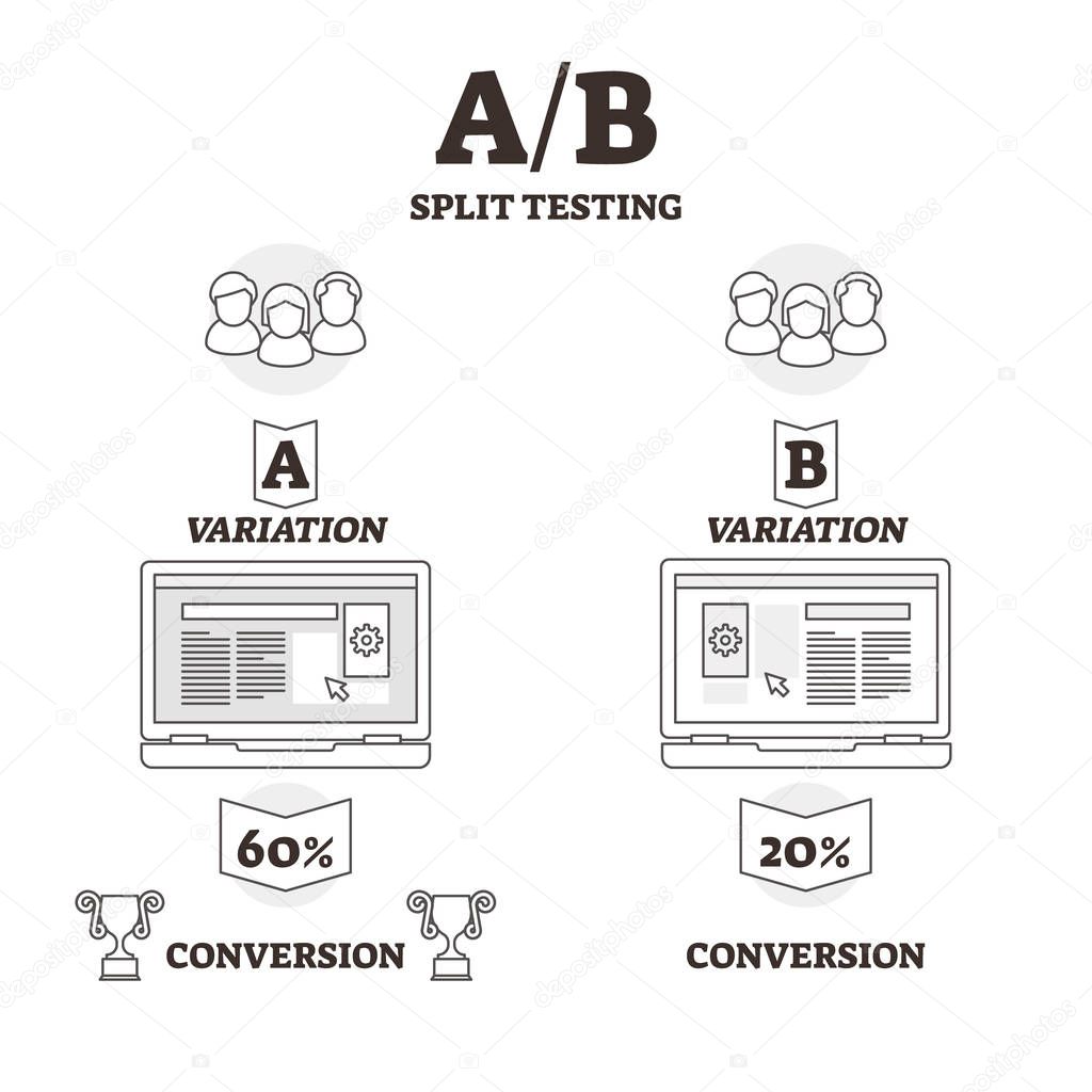 AB split testing vector illustration. BW outlined experiment variants graph