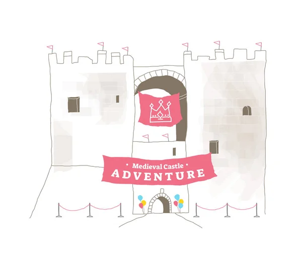 Medieval castle adventure hand drawn vintage illustration, tourist attraction historical building. — Stock Vector