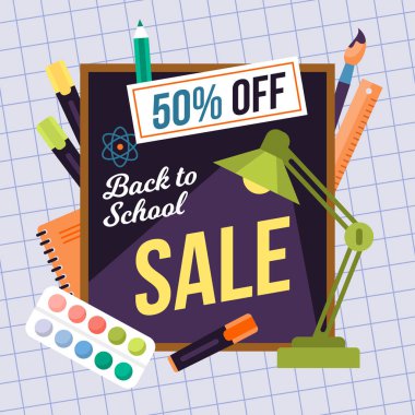 Okul satış vektör illüstrasyonuna geri dönelim. Kırtasiye indirimleri için Banner.