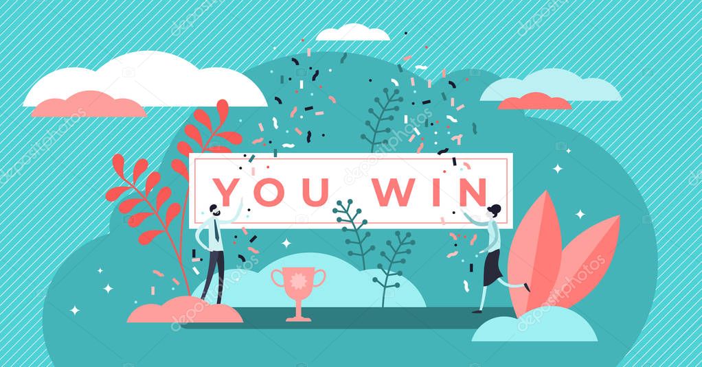 You win title banner vector illustration. Flat tiny prize persons concept.