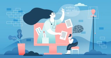 Online doktor vektör illüstrasyon. Düz küçük tıbbi yardım kişiler kavramı.