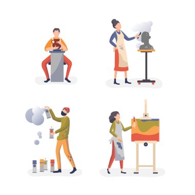 Sanat zanaat uygulama atölye kişi koleksiyonu, düz vektör illüstrasyon