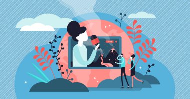 Canlı video vektör illüstrasyon. Düz küçük Tv medya akışı kişi kavramı.