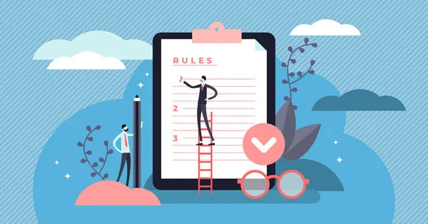 Rules vector illustration. Flat tiny regulations checklist persons concept. — Stock Vector