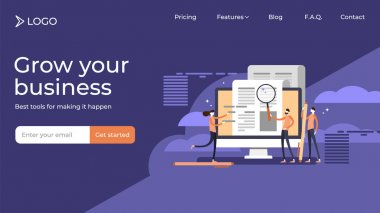 Basın bülteni copywriting düz küçük kişiler vektör illüstrasyon satış açılış sayfası şablon tasarım