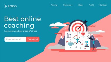 Yaşam koçu düz küçük kişiler vektör illüstrasyon açılış sayfası şablon tasarımı