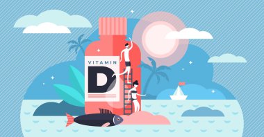 D vitamini vektör illüstrasyon. Düz küçük kaynak toplama kişiler kavramı.