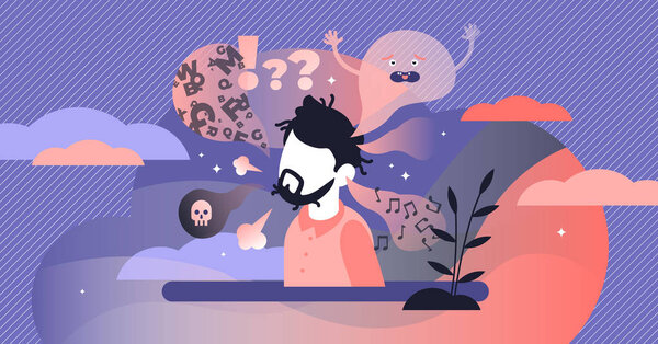 Векторная иллюстрация шизофрении. Плоское крошечное психическое расстройство человека
