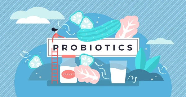 Ilustración de vectores probióticos. Plano diminuto intestino flora organismos persona concepto — Vector de stock