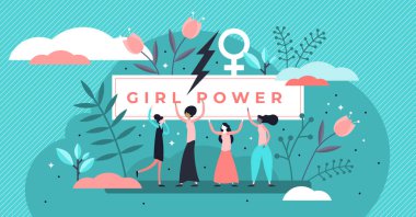 Feminizm vektör illüstrasyon. Tiny kadın cinsiyet hareketi kişi kavramı.