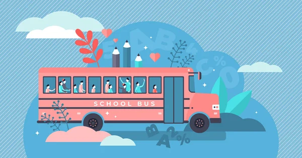 Ilustración del vector del autobús escolar. Plano pequeño alumno transporte personas concepto . — Archivo Imágenes Vectoriales