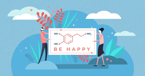 Ilustración vectorial de dopamina. Plano diminuta felicidad química personas concepto . — Vector de stock