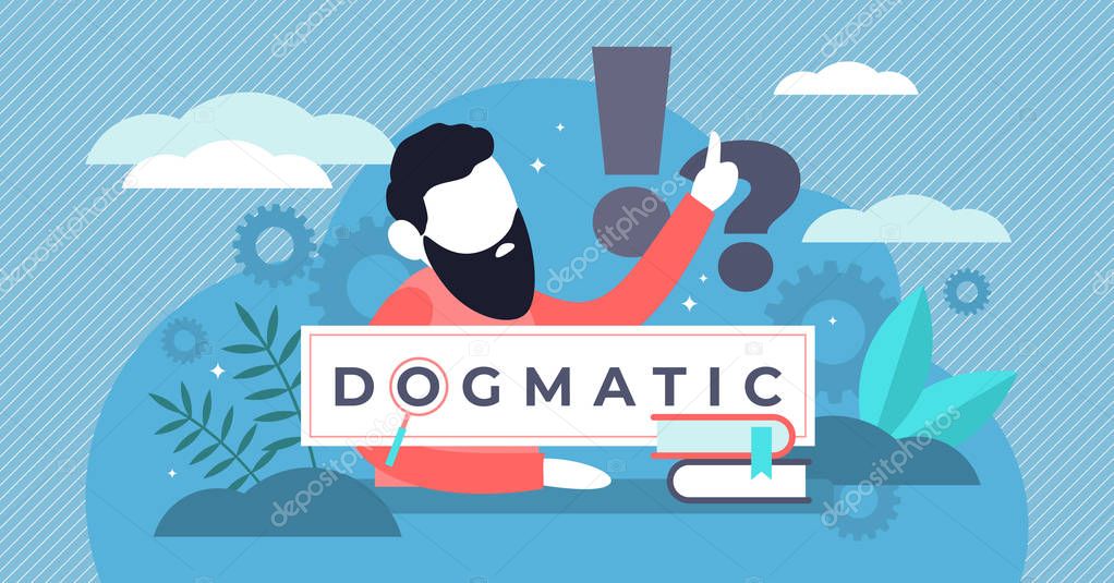 Dogmatic vector illustration. Flat tiny absolute true faith persons concept