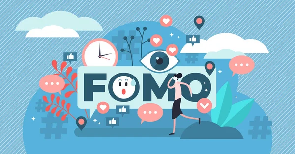 FOMO vector illustration. Tiny fear of missing out anxiety persons concept. — Stock Vector