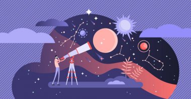 Astronomi vektör illüstrasyon. Tiny uzay araştırma çalışmaları kişiler kavramı.