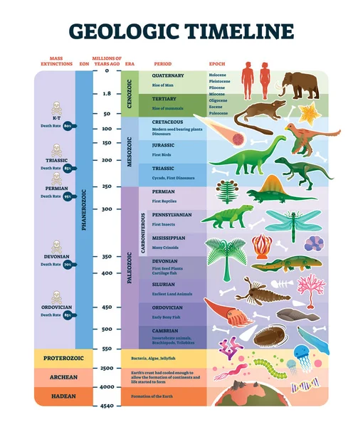 Ilustración de vectores de escala de línea de tiempo geológica. Esquema de historia de la tierra etiquetado . — Archivo Imágenes Vectoriales