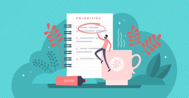Priorities vector illustration. Tiny agenda importance list persons concept clipart