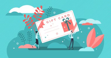 Hediye kartı vektör illüstrasyon. Kutlama için düz küçük ön ödemeli hediyeler.