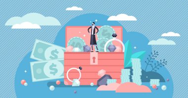 Zenginlik vektör illüstrasyon. Düz küçük zengin finansal zenginlik kişiler kavramı