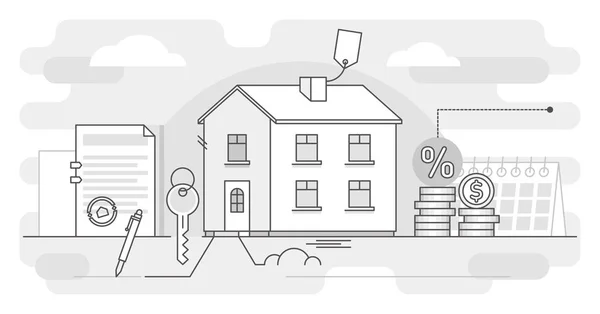 Hipoteca vector ilustración esquema concepto. Proceso bancario de compra inmobiliaria . — Archivo Imágenes Vectoriales