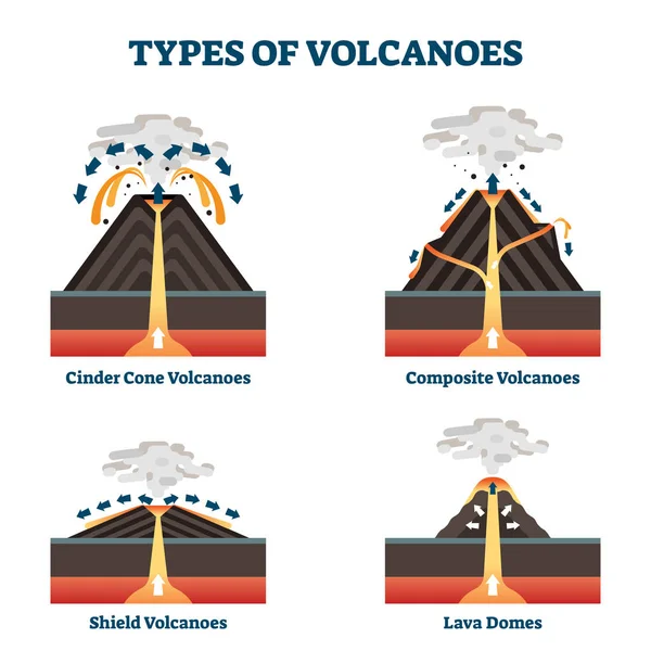 Types de volcans illustration vectorielle. Classification géologique marquée . — Image vectorielle