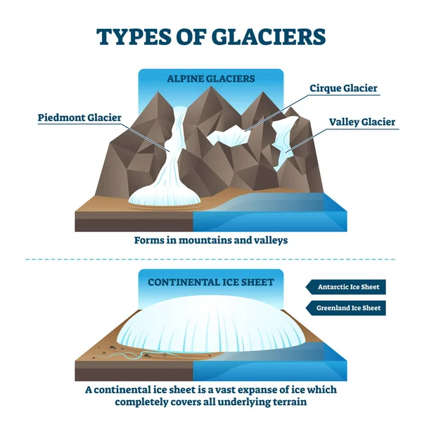 Type of glaciers vector illustration. Labeled alpine or continental example — Stock Vector