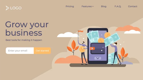 Billetera móvil minúsculas personas vector ilustración landing page plantilla diseño — Archivo Imágenes Vectoriales