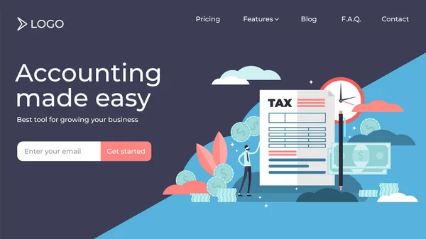 Impostos plana minúsculas pessoas vetor ilustração landing page template design . —  Vetores de Stock