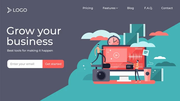 Video editor kleine personen vector illustratie landing page template ontwerp. — Stockvector